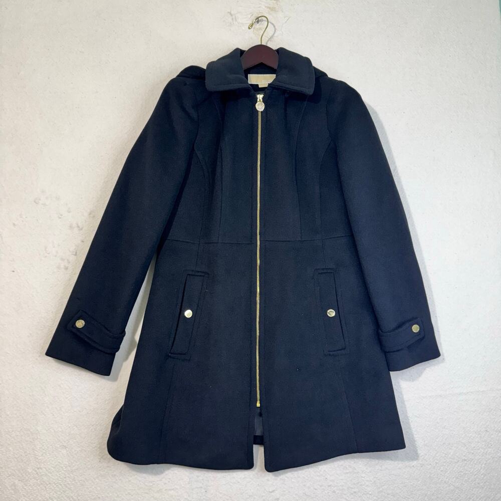 Michael Kors MK Black Wool-Blend Pea Coat Size Medium Detachable Hood Gold-Tone